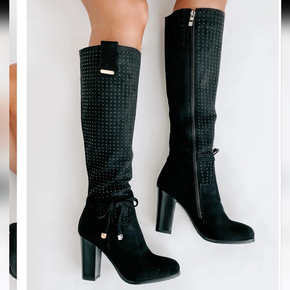 Elegant Black Rhinestone Studded Knee-High Women's Boots - Picture 9 of 9